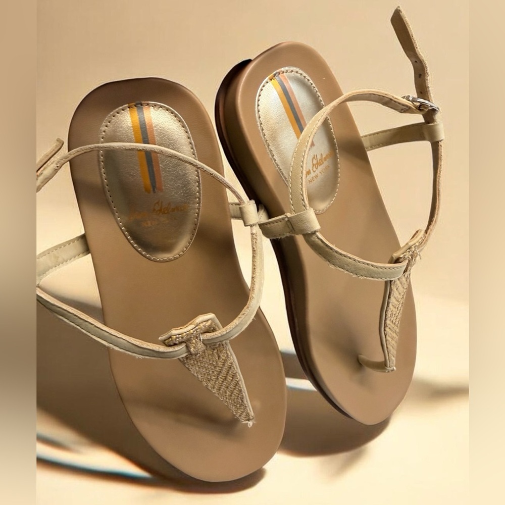 Sam Edelman Naomi Thing Beige Raffia T-Strap Sandals with Gold Accent NWOT